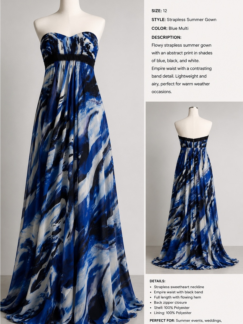 BCBGMAXAZRIA Blue Strapless Maxi Gown Size 12 – Designer Summer Dress SALE
